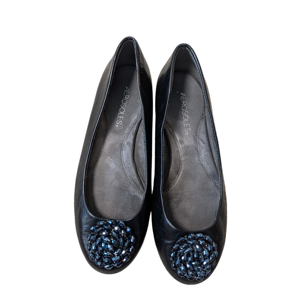 AEROSOLES BECXOTIC Black Beaded Ballet Flats; size 7W, Leather,